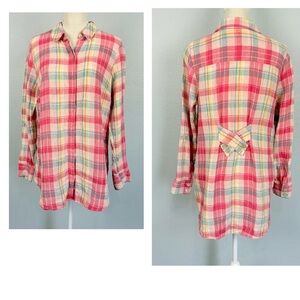 Soft Surroundings Linen Plaid Button Down Shirt Pink Sz M Grannycore